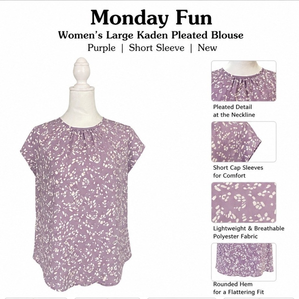 Monday Fun Kaden Pleated Blouse Light Purple Short Sleeve Abstract Print Large